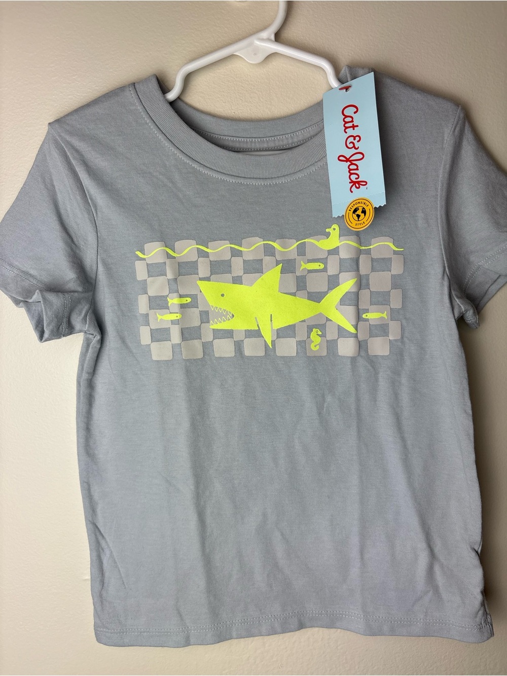 Cat & Jack Light Gray Tee with Neon Yellow Shark 4T